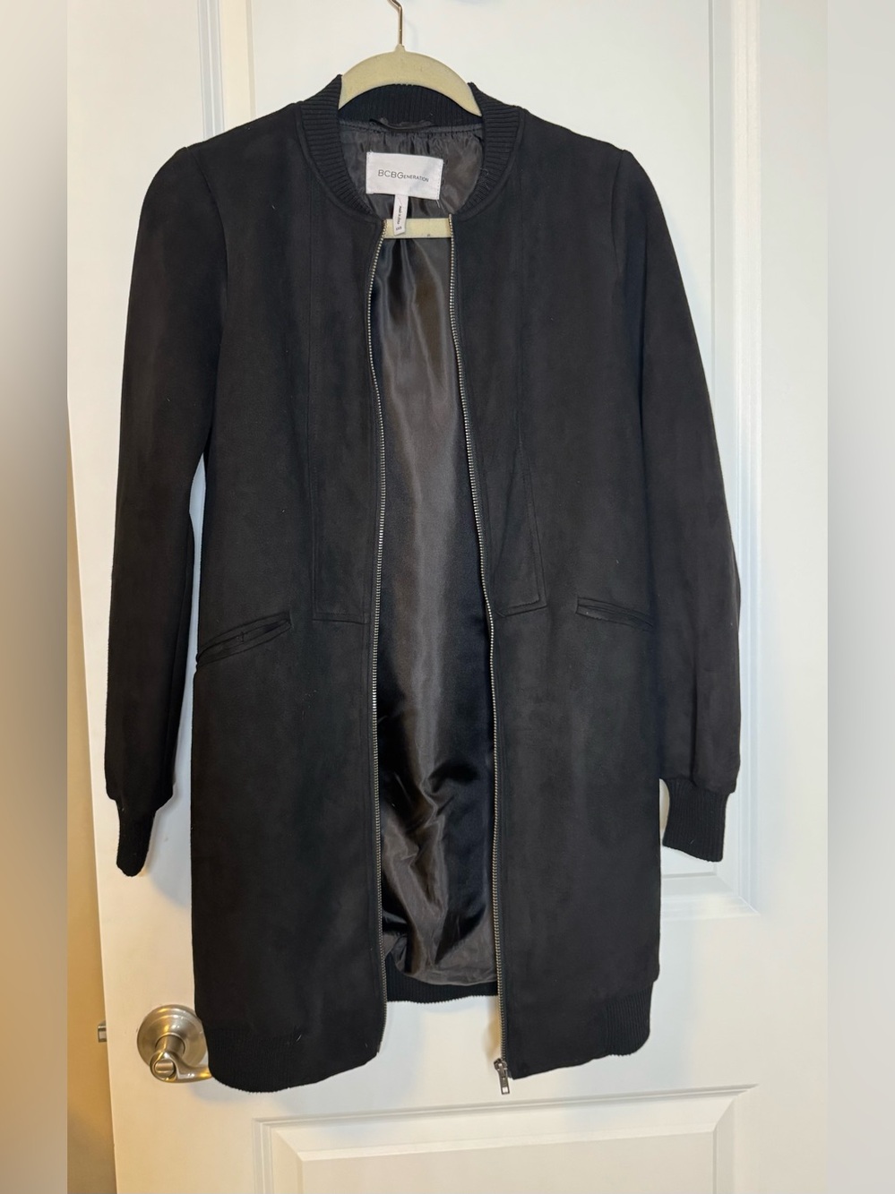 BCBGeneration Faux Suede Long Bomber Jacket Size XXS Black Longline runs large